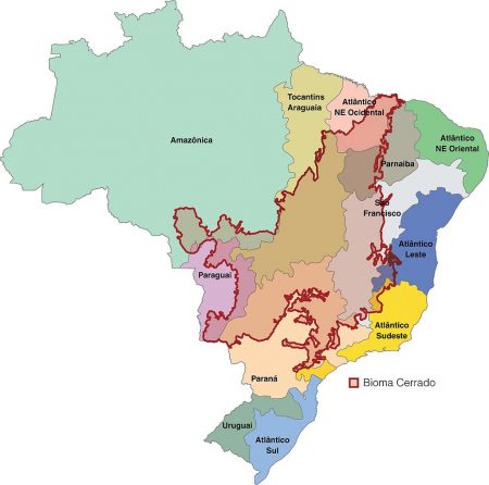 Le Cerrado est la région en rouge sur cette carte du Brésil. / Wikimedia Commons